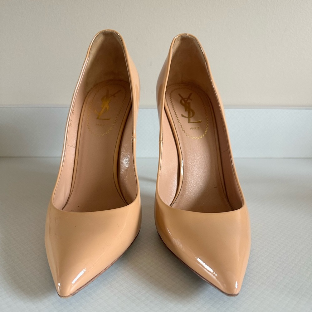 YSL Nude Patent Leather Pump with Custom Gold Heel.